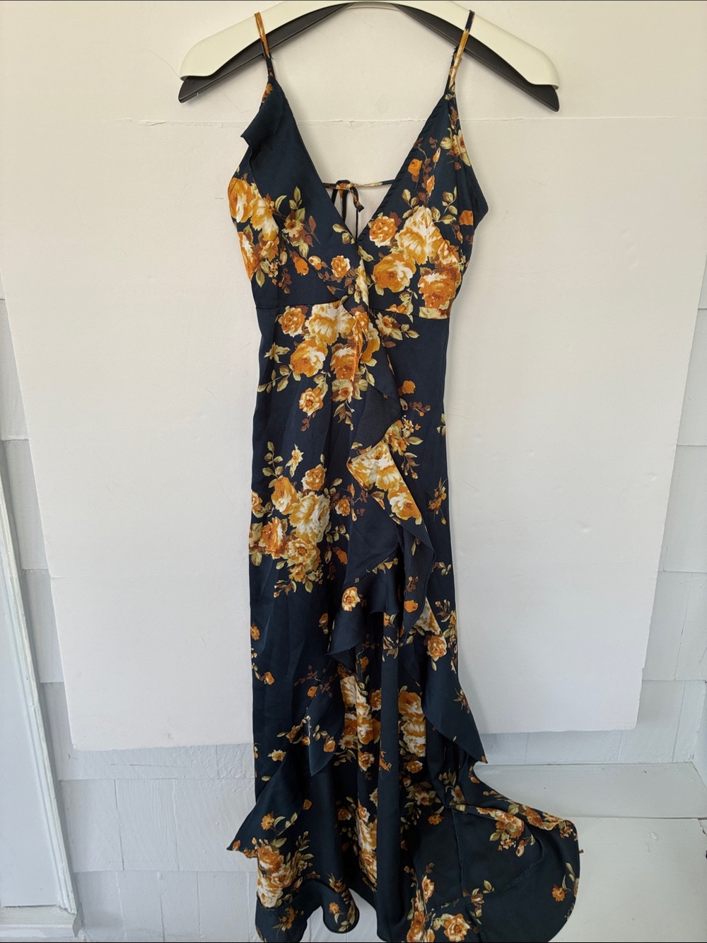 Olivia + James Navy Floral Ruffle Slip Dress with High Slit Small